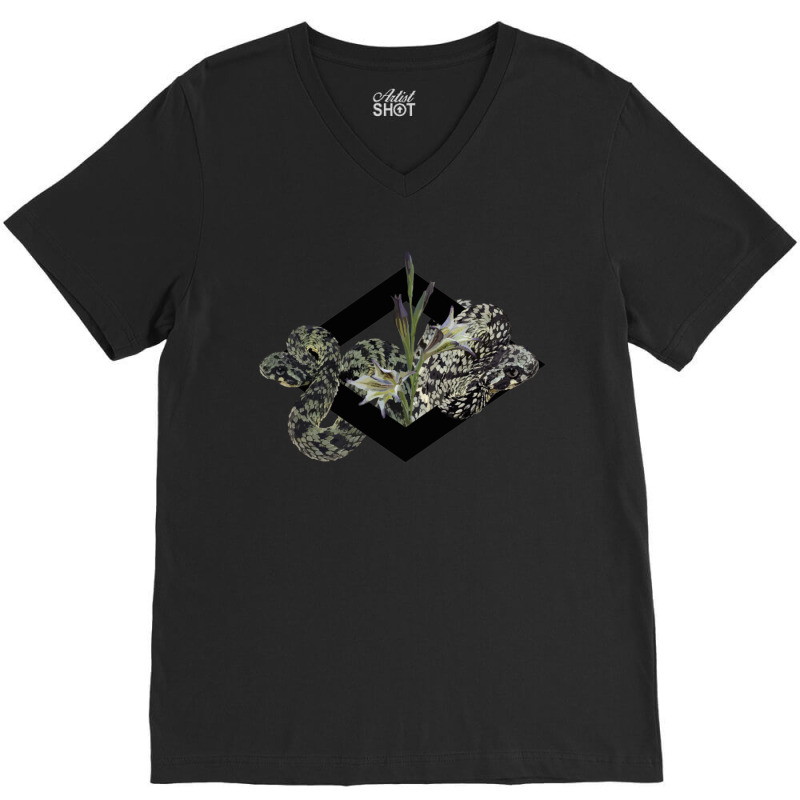 Atheris Squamigera “tiger” And Gladiolus In A Black Diamond V-Neck Tee by JodyBanda | Artistshot