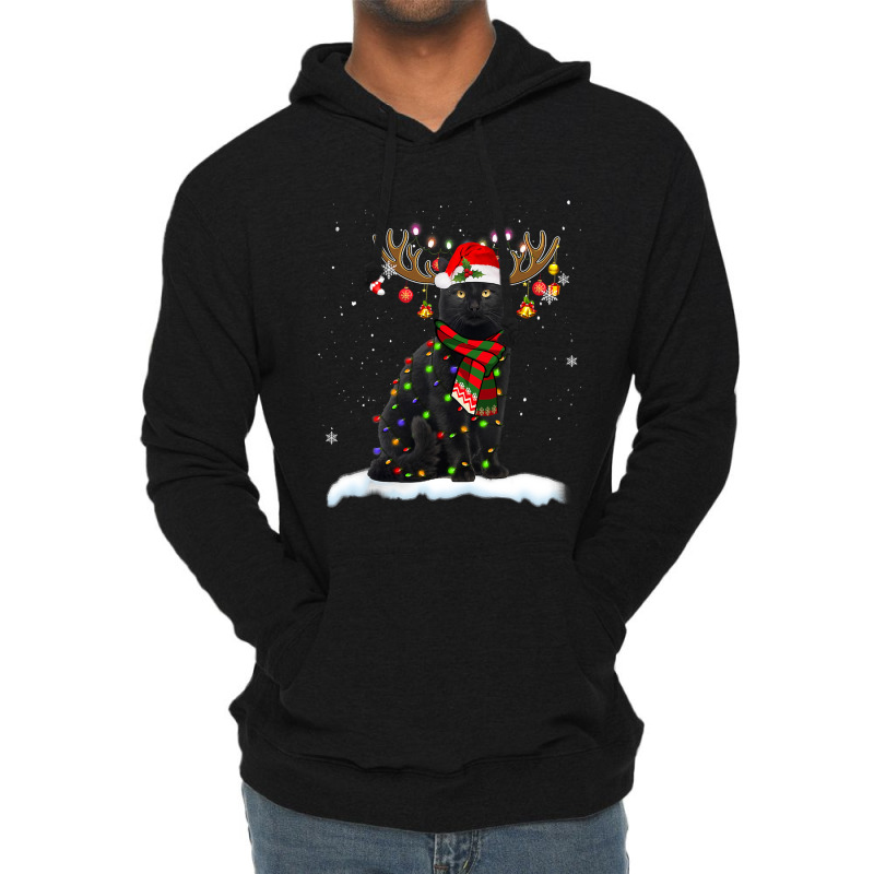 Black Cat Reindeer Christmas Light Shirt Cat Lover Christmas Lightweight Hoodie | Artistshot