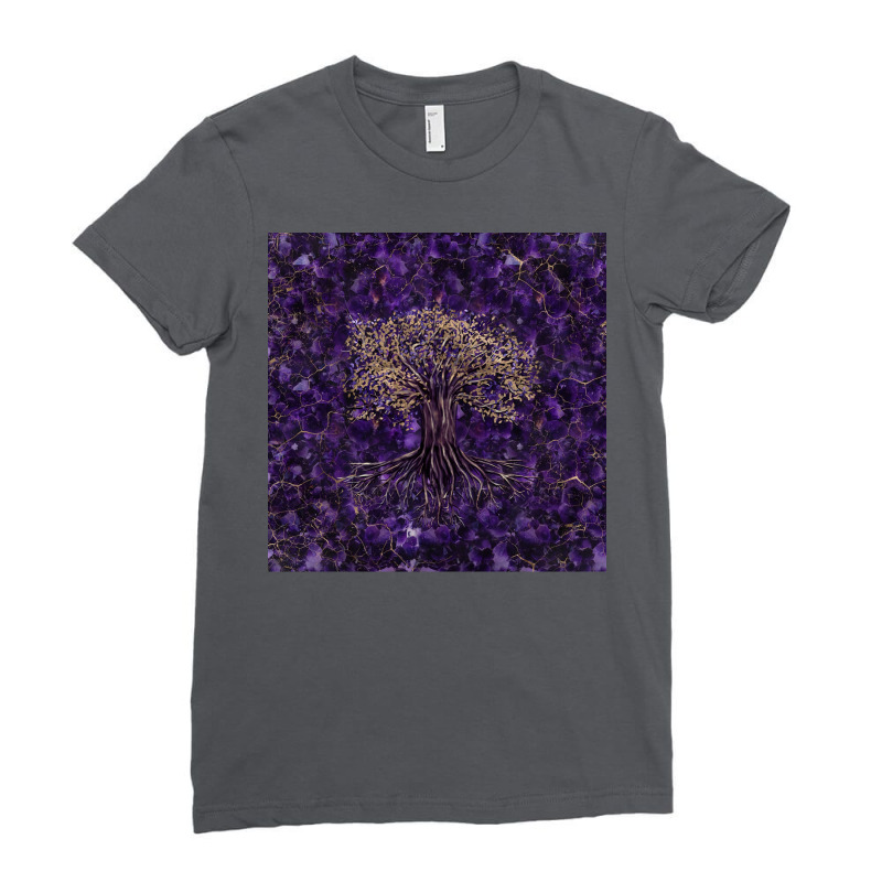 Tree Of Life Yggdrasil Amethyst And Gold  Aesthetic Yellow Ladies Fitted T-Shirt by dobeksubichz | Artistshot