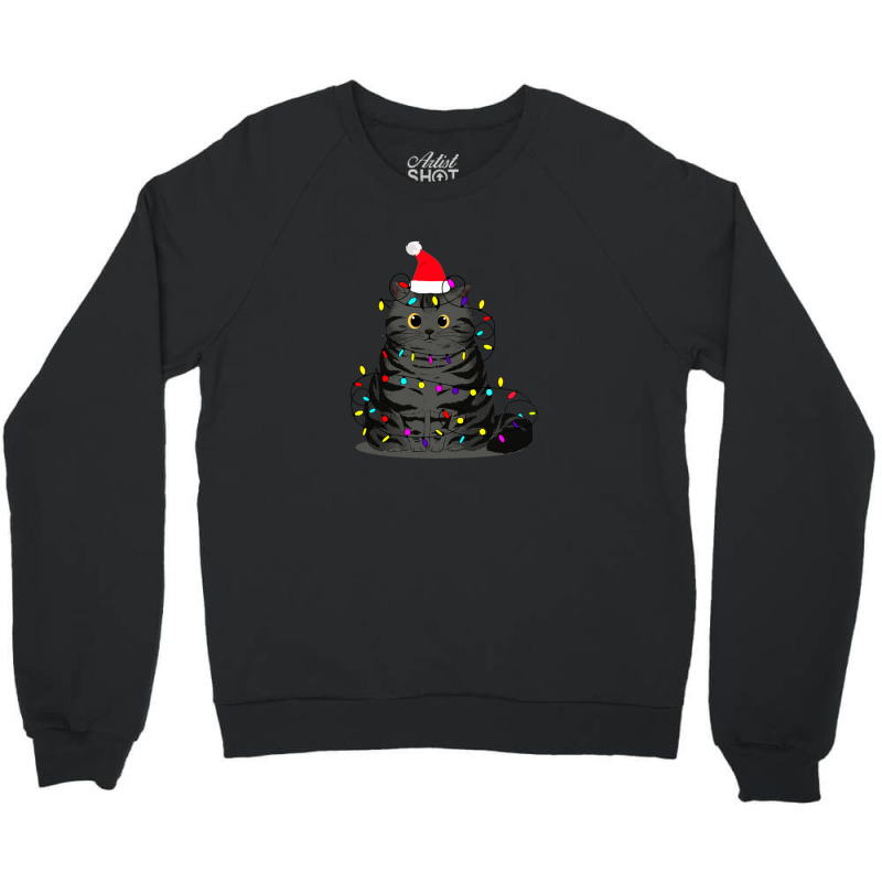 Funny Christmas Cat With Fairy Lights And A Christmas Hat Crewneck Sweatshirt | Artistshot