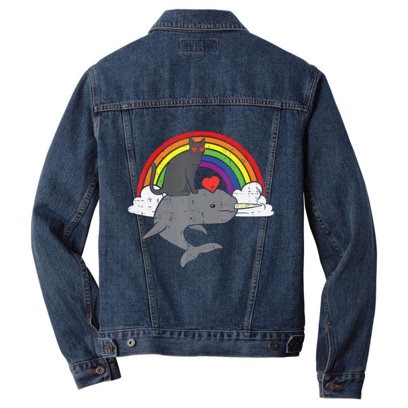 Limited Edition Black Cat Riding Narwhale Rainbow Heart Valentines Day Men Denim Jacket by Estrada Link | Artistshot