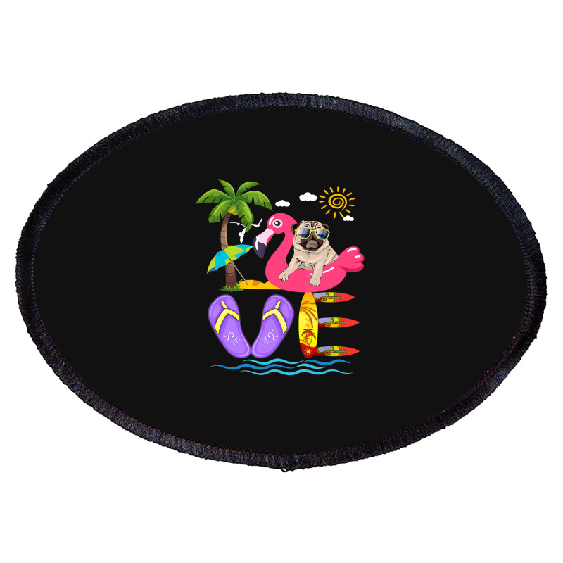 Flamingo Bird Love Summer Pug Flip Flops Flamingo Dog Pet Lover Tropic Oval Patch | Artistshot