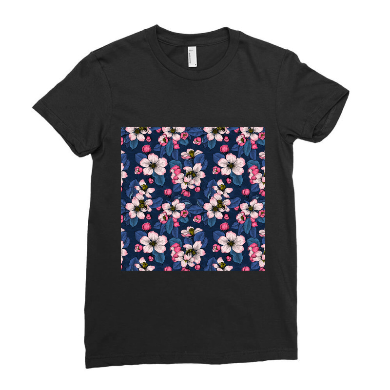 Apple Blossom On Dark Blue Ladies Fitted T-Shirt by dealgummy642 | Artistshot