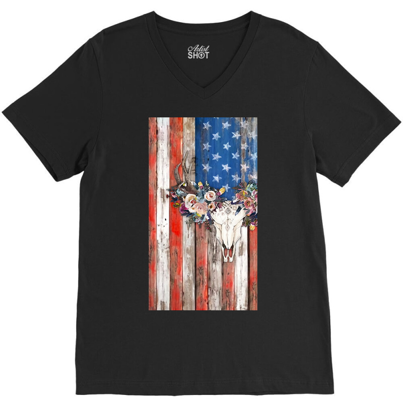 American Flag Aztec Bull Skull Cowgirl Rodeo Boho Girl V-Neck Tee by mysofiazo | Artistshot