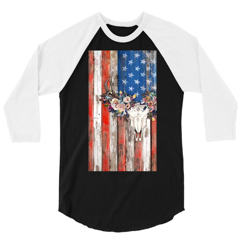 American Flag Aztec Bull Skull Cowgirl Rodeo Boho Girl 3/4 Sleeve Shirt by mysofiazo | Artistshot