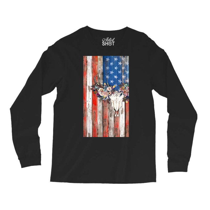 American Flag Aztec Bull Skull Cowgirl Rodeo Boho Girl Long Sleeve Shirts by mysofiazo | Artistshot