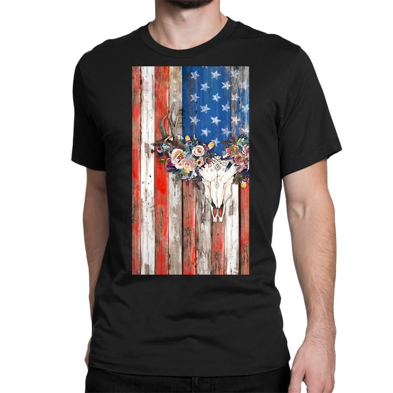 American Flag Aztec Bull Skull Cowgirl Rodeo Boho Girl Classic T-shirt by mysofiazo | Artistshot