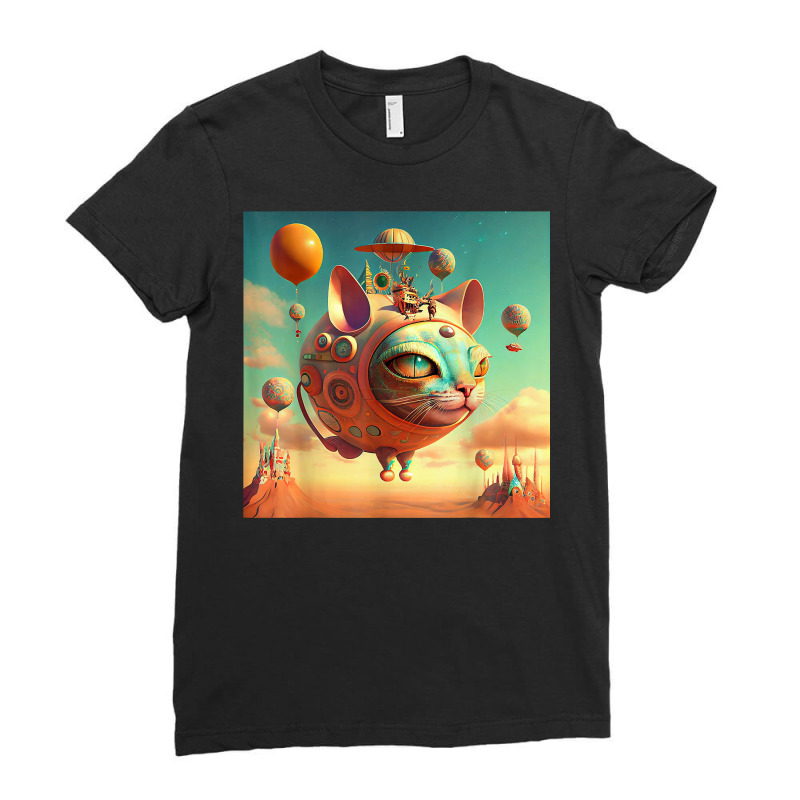 Surreal Magic Metaphysic Cat With Hot Air Balloon T Shirt Ladies Fitted T-Shirt by barrydygertkkx | Artistshot