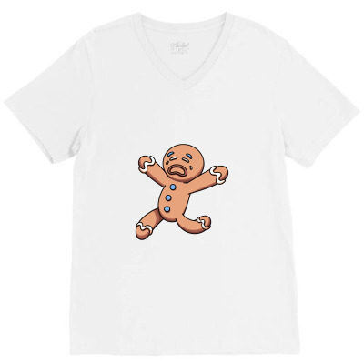 Crying Scared Running Gingerbread Man Cartoon V-neck Tee Designed By Marinadira