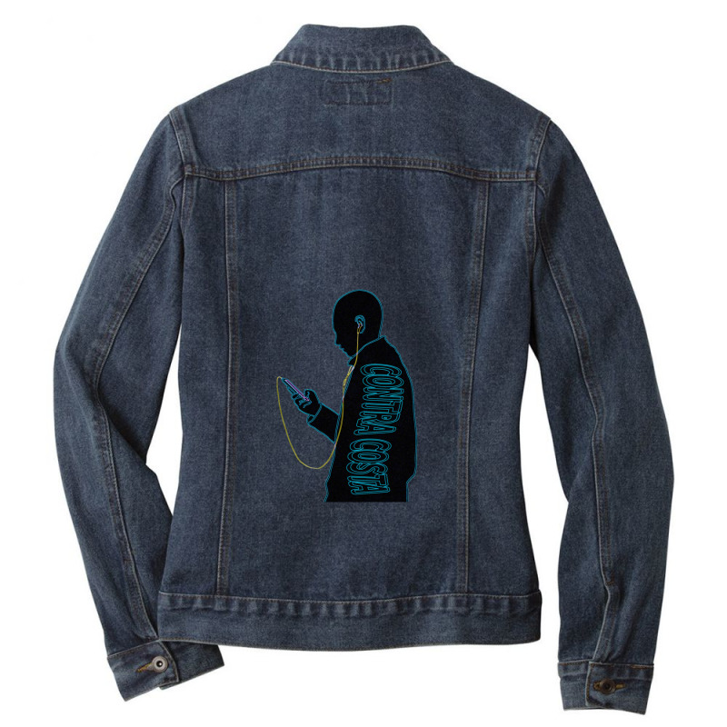 A Man With Earphone Silhouette Contra Costa California Ladies Denim Jacket by cissouOrshi | Artistshot