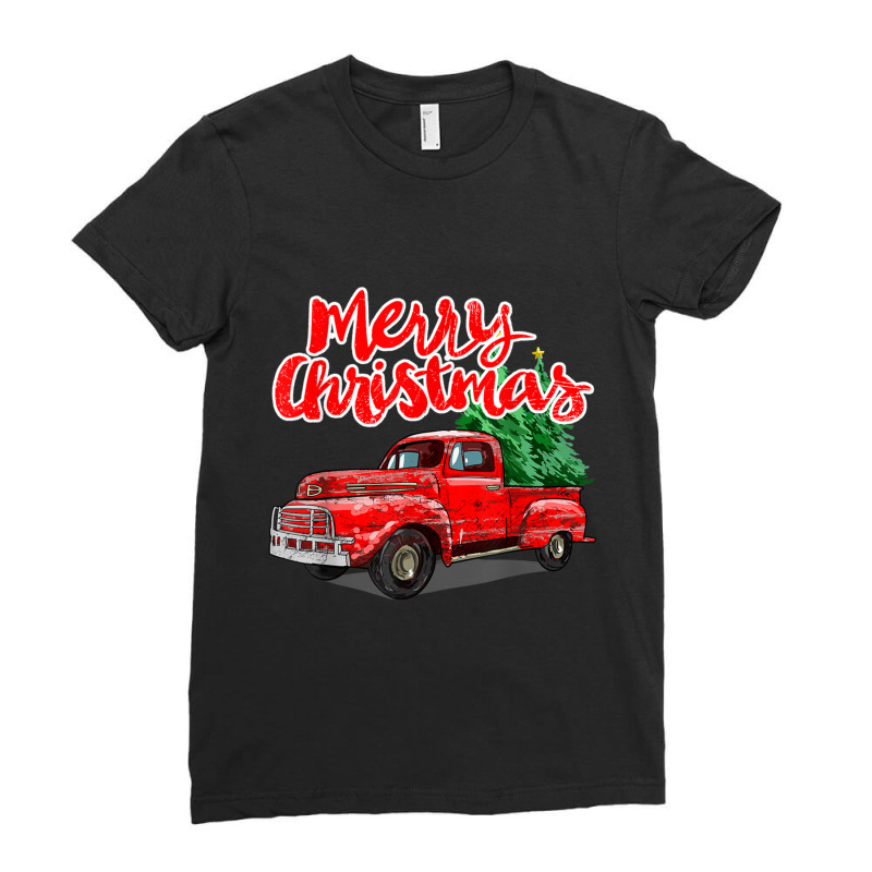 Funny Vintage Merry Christmas Tree Red Wagon Truck Outfit Long Sleeve Ladies Fitted T-Shirt by RachelRenePeckham | Artistshot