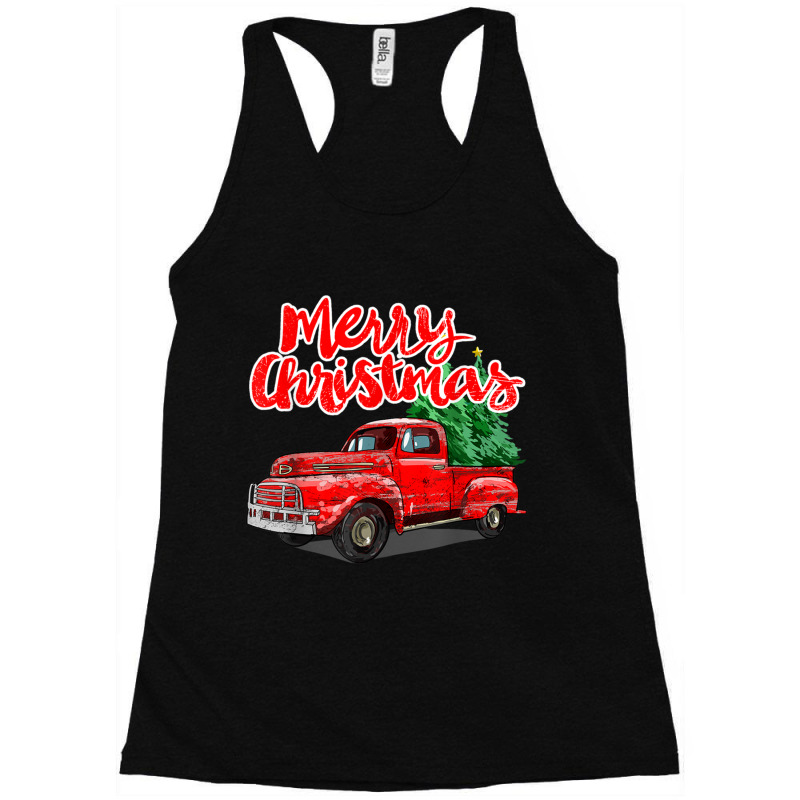 Funny Vintage Merry Christmas Tree Red Wagon Truck Outfit Long Sleeve Racerback Tank by RachelRenePeckham | Artistshot