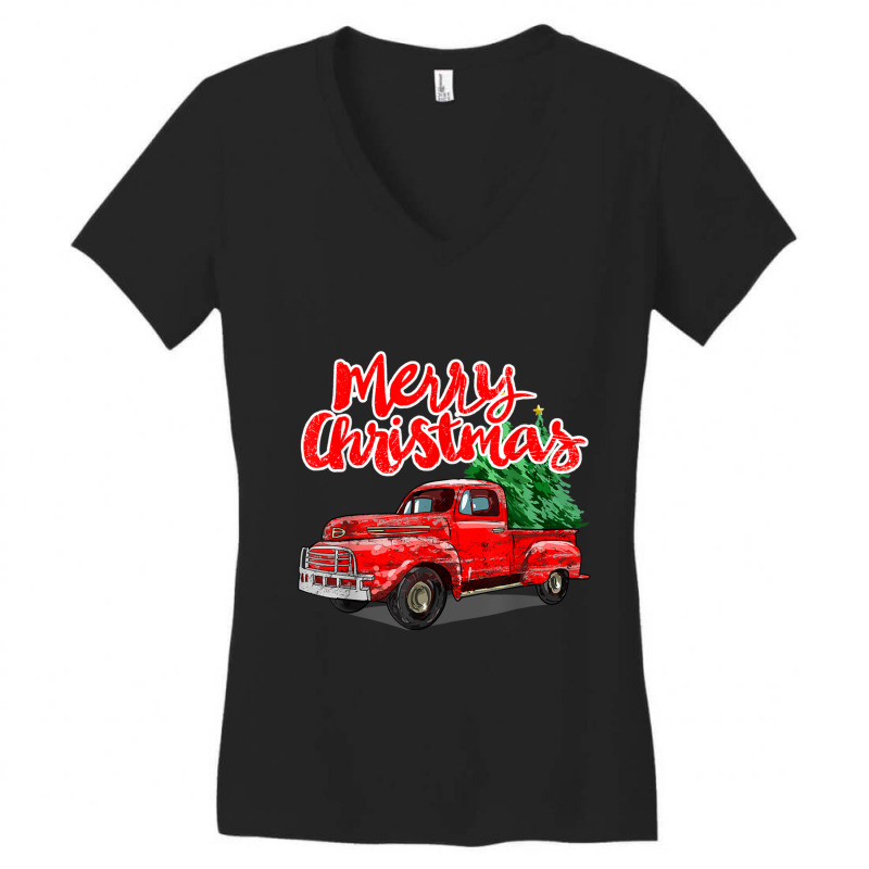 Funny Vintage Merry Christmas Tree Red Wagon Truck Outfit Long Sleeve Women's V-Neck T-Shirt by RachelRenePeckham | Artistshot