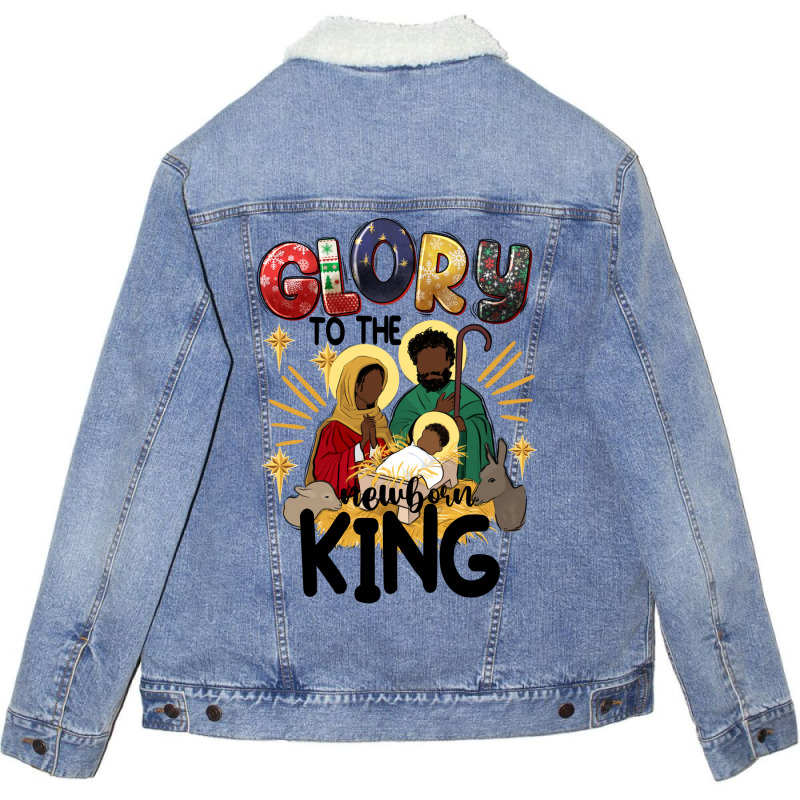 Glory To The Newborn King Black Jesus Unisex Sherpa-Lined Denim Jacket by afrowomandigitalshop@gmail.com | Artistshot