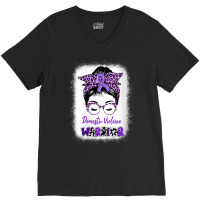 Womens Domestic Violence Awareness Warrior Purple Messy Bun V Neck T S V-neck Tee | Artistshot