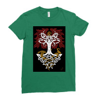 Yggdrasil And Creatures Norse Mythology Knotwork Coloured  Trending Co Ladies Fitted T-shirt | Artistshot