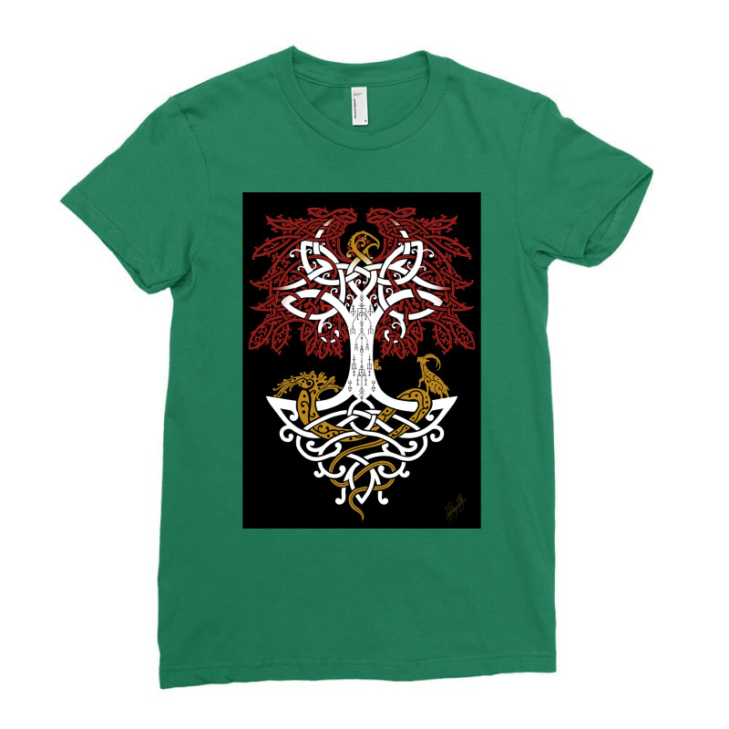 Yggdrasil And Creatures Norse Mythology Knotwork Coloured  Trending Co Ladies Fitted T-Shirt by andomabinq | Artistshot