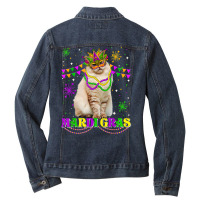 Cute Mardi Gras Cat Siberian Mask Beads Festival T Shirt Ladies Denim Jacket | Artistshot