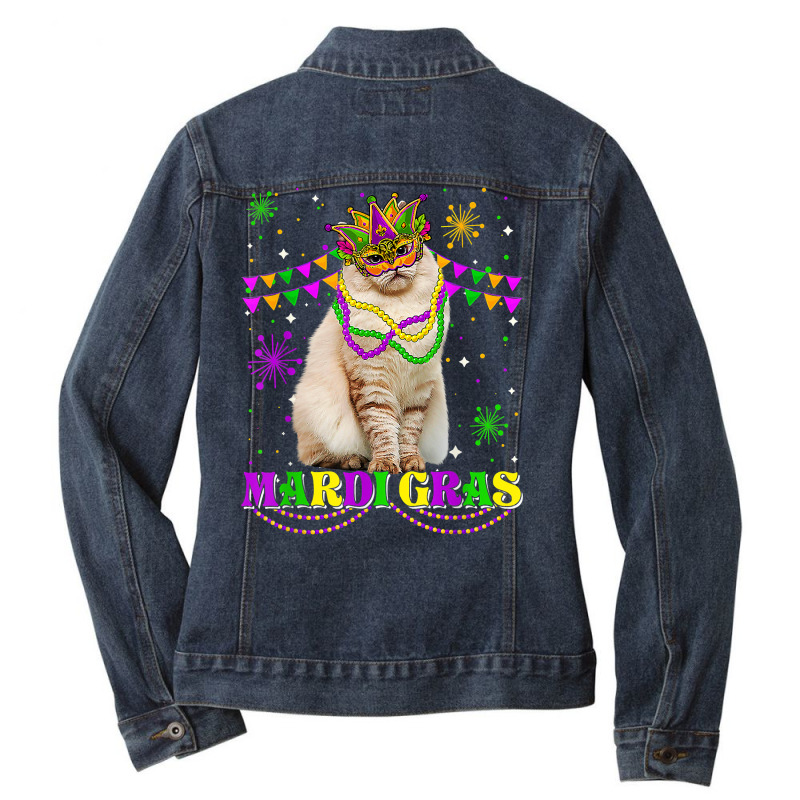 Cute Mardi Gras Cat Siberian Mask Beads Festival T Shirt Ladies Denim Jacket by darrene68stu | Artistshot