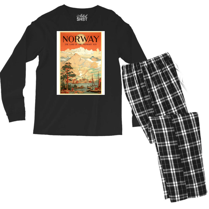 Norway The Land Of The Midnight Sun Vintage Travel  Design  Red Nature Men's Long Sleeve Pajama Set | Artistshot