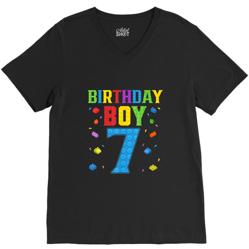 Cute 7th Birthday Gift 7 Years Old Block Building Boys Kids V-neck Tee | Artistshot