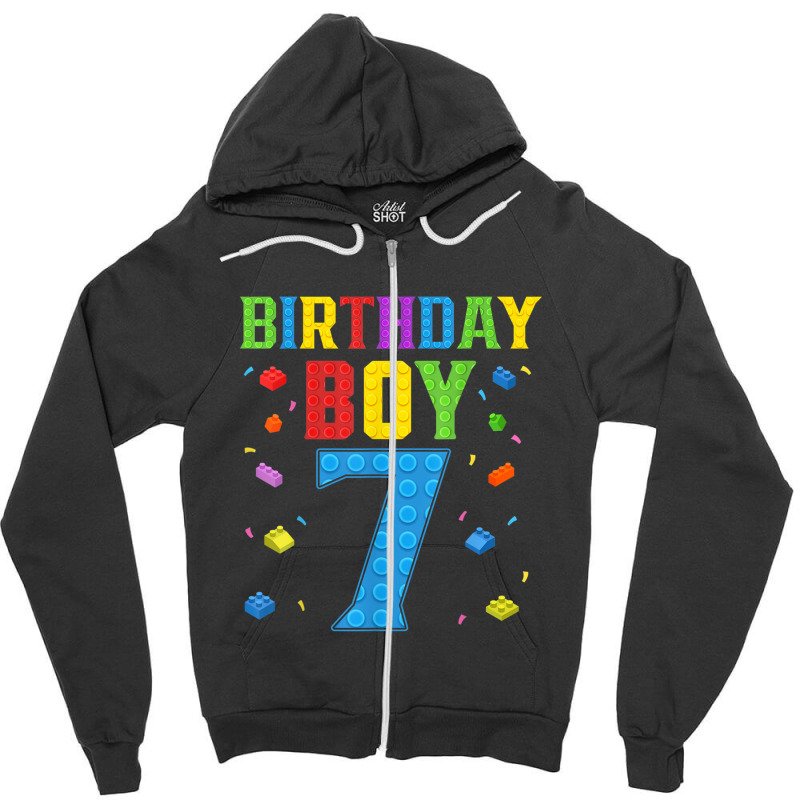 Cute 7th Birthday Gift 7 Years Old Block Building Boys Kids Zipper Hoodie | Artistshot