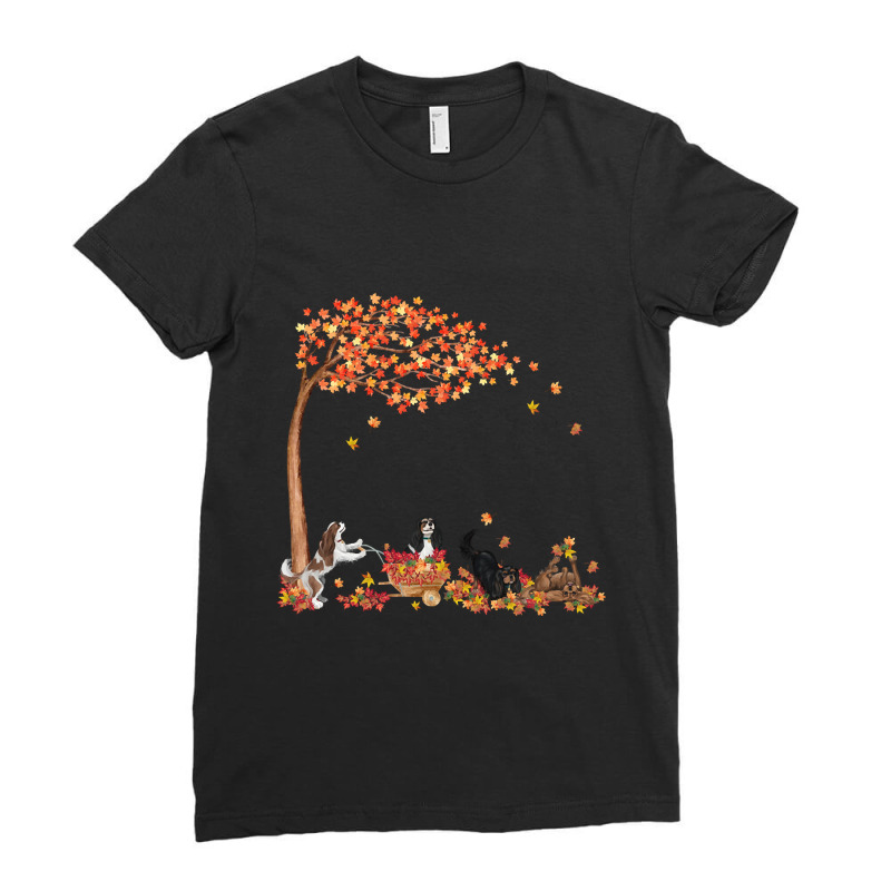 Four Cavalier King Charles Spaniels Playing In Fall Leaves Ladies Fitted T-shirt | Artistshot