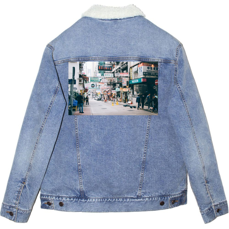 Hong Kong Vibes Feel The City Poster Hippie Unisex Sherpa-Lined Denim Jacket by gavrikashten0 | Artistshot