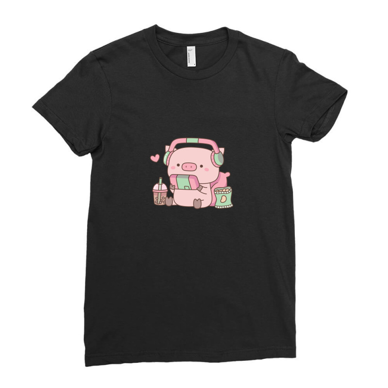 Cute Little Piggy Gamer With Headphones Ladies Fitted T-Shirt by MarkBressi | Artistshot