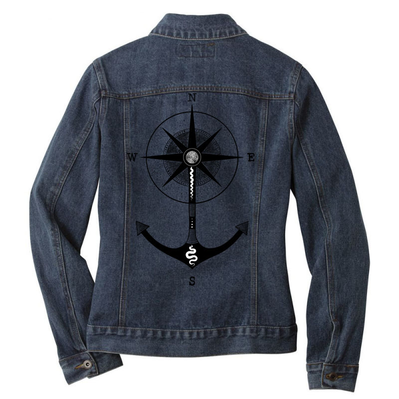 Compass Black And White Illustration Ladies Denim Jacket by traumafemales188 | Artistshot