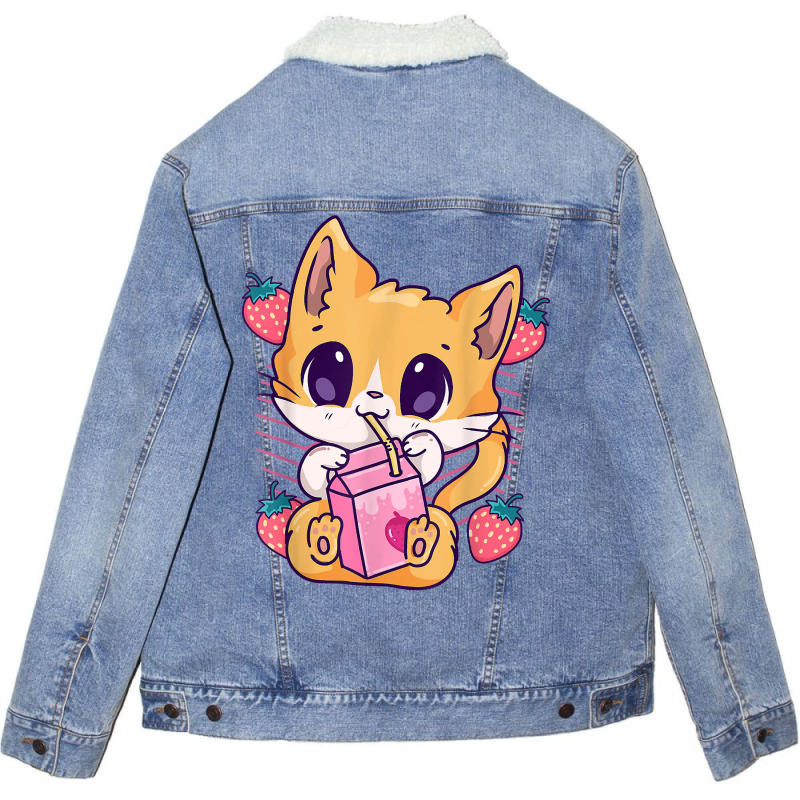 Strawberry Milk Cat Cute Kawaii Kitten Anime Neko Shake T Shirt Unisex Sherpa-Lined Denim Jacket by kulowbu | Artistshot