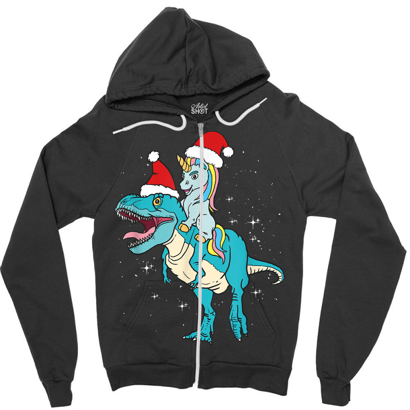 Christmas Trex Santa Unicorn Riding Christmas Dinosaur T Shirt Zipper Hoodie by pacerbe | Artistshot