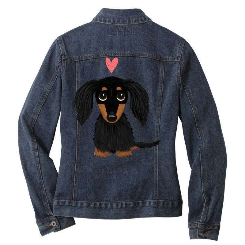 Black And Tan Longhaired Dachshund Cartoon Dog With Heart Ladies Denim Jacket by alhudasadigd | Artistshot