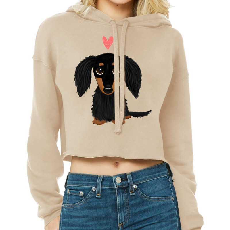 Black And Tan Longhaired Dachshund Cartoon Dog With Heart Cropped Hoodie by alhudasadigd | Artistshot