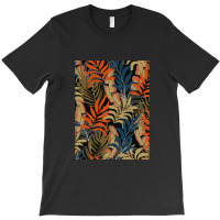 Trend Tropical Pattern With Bright Orange Blue Plants Leaves T-shirt | Artistshot