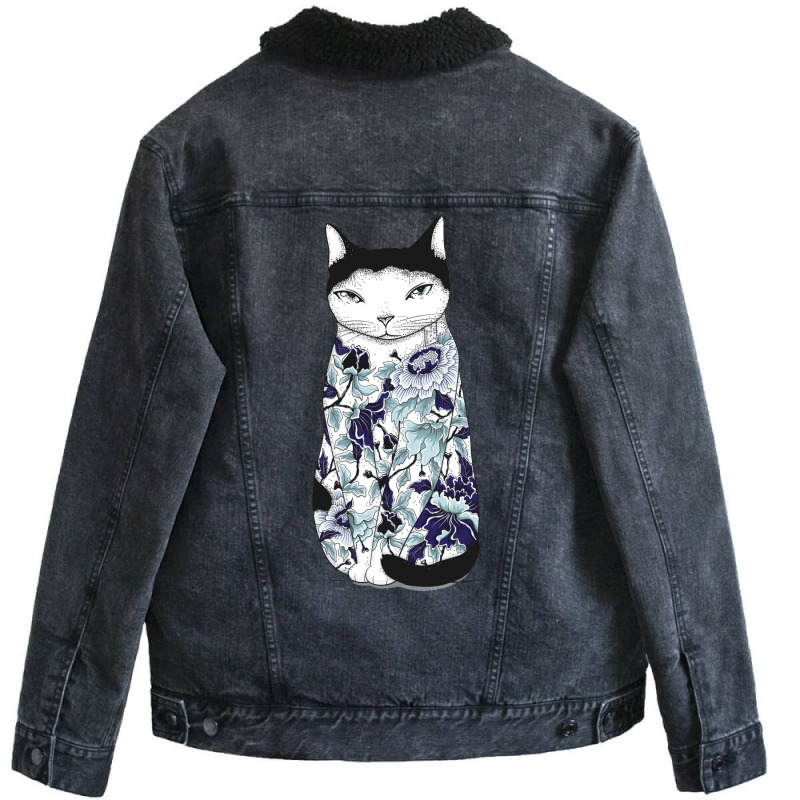 Cat In Blue Peony Tattoo Unisex Sherpa-lined Denim Jacket | Artistshot