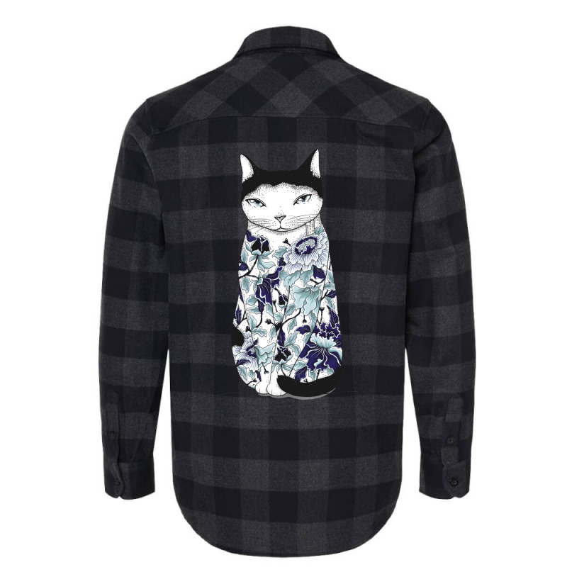 Cat In Blue Peony Tattoo Flannel Shirt | Artistshot