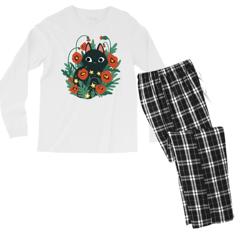 Cat In Poppy Flowers Men's Long Sleeve Pajama Set | Artistshot