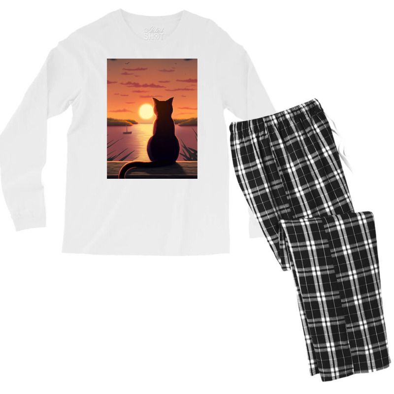 Cat Looking At Sunset1 Men's Long Sleeve Pajama Set | Artistshot