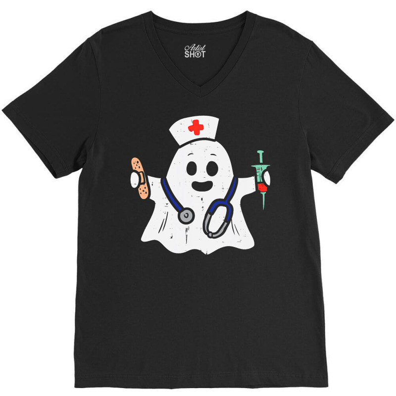 Nurse Ghost Scrub Halloween Costume For Nurses Women Rn V-Neck Tee by JohnNichols89123 | Artistshot