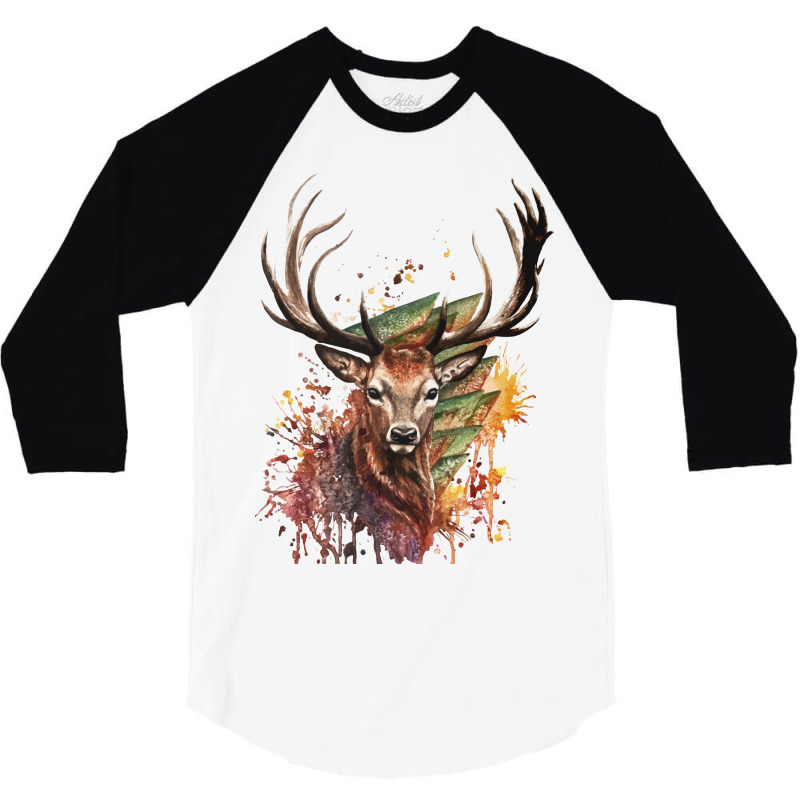 Watercolor Deer Painting Design T Shirt 3/4 Sleeve Shirt | Artistshot