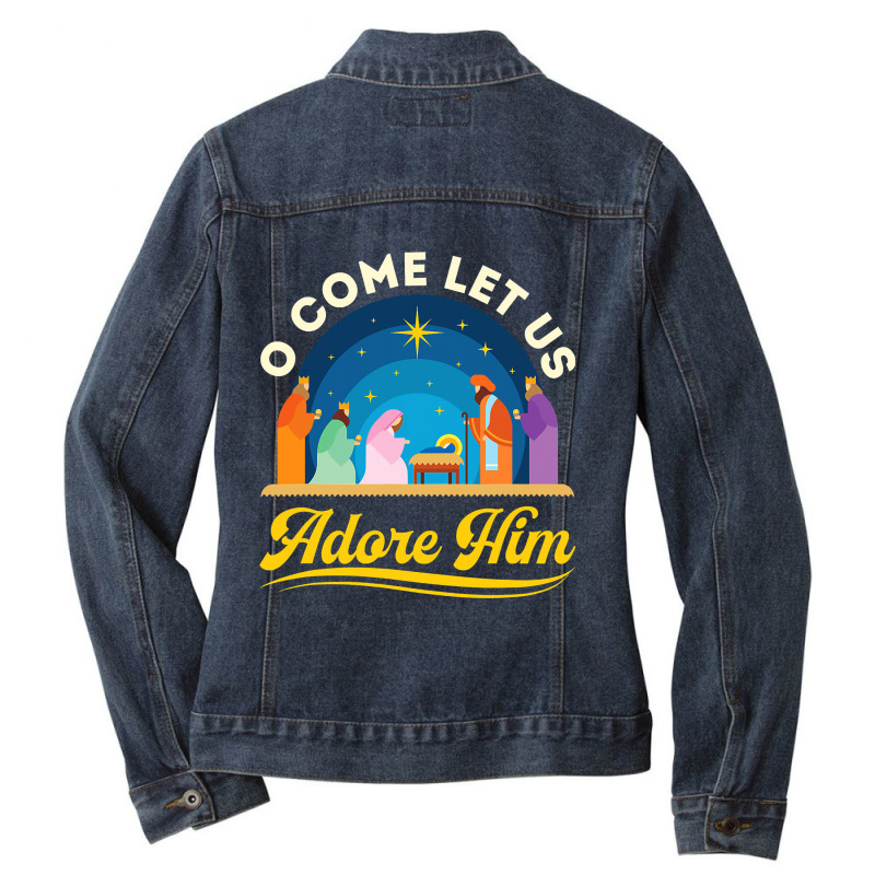 O Come Let Us Adore Him Christmas Nativity Jesus Christian Ladies Denim Jacket by JohnNichols89123 | Artistshot