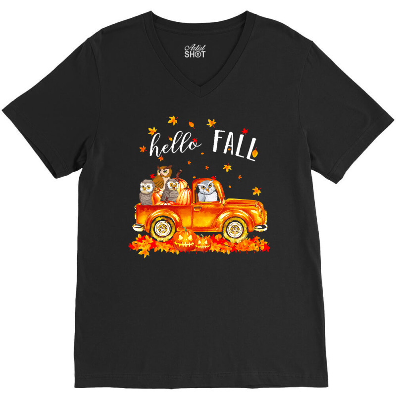 Hello Fall Owls In Car Autunm T  Shirt Owls Hello Fall   Owls In Car P V-neck Tee | Artistshot