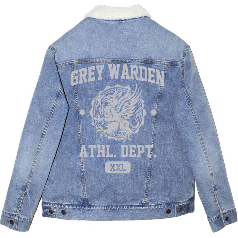 Grey Warden Athletic Department  Dragon Age Gym Shirt Style  Silver Pr Unisex Sherpa-Lined Denim Jacket by borlapleenazr | Artistshot