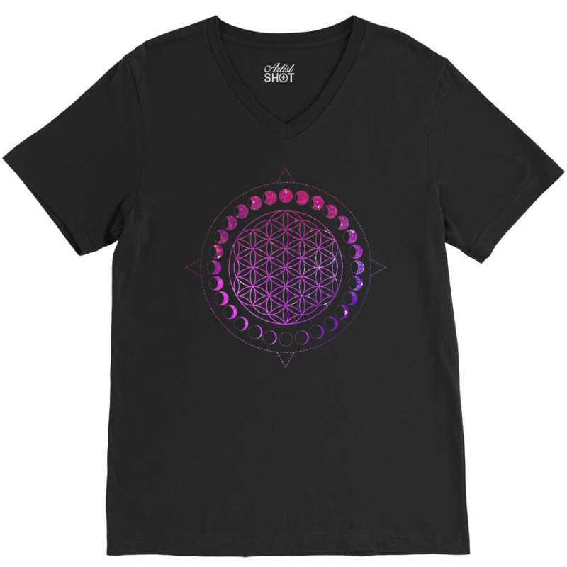 Hot Trend Moon Phases Flower Of Life Mandala Divine Geometry Astrology V-Neck Tee by michaelyounger19 | Artistshot