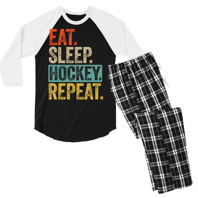 Eat Sleep Hockey Repeat Retro Vintage Gift Men's 3/4 Sleeve Pajama Set | Artistshot