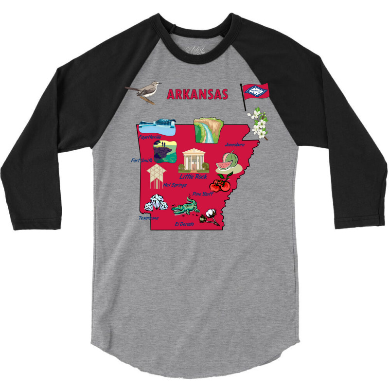 Tourist Attractions Map Of Arkansas State Usa Major Cities  Music 3/4 Sleeve Shirt | Artistshot