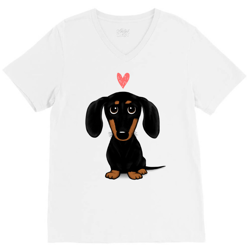 Black And Tan Dachshund With Heart  Cute Cartoon Wiener Dog V-Neck Tee by mamahyzador4 | Artistshot