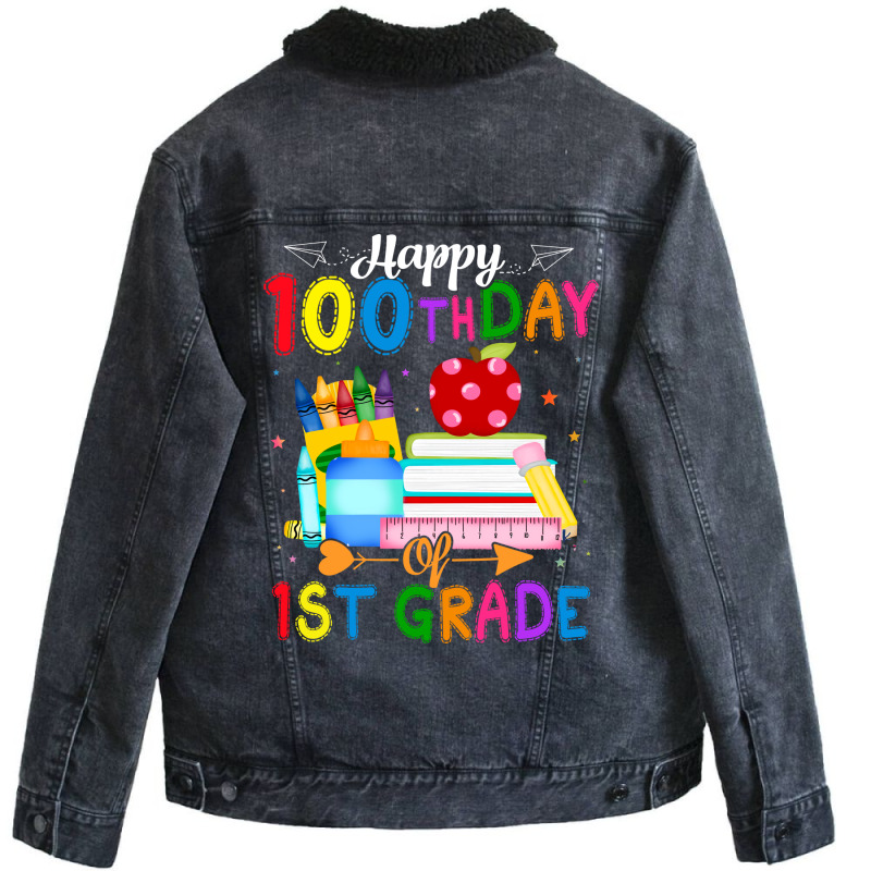 Happy 100th Day Of 1st Grade Teacher 100 Days Of School Boys Red Unisex Sherpa-lined Denim Jacket | Artistshot