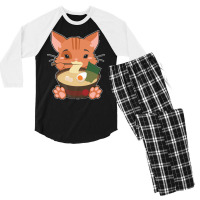 Japanese T  Shirt Anime Cute Cat Japanese Ramen Noodles Kawaii Gift De Men's 3/4 Sleeve Pajama Set | Artistshot